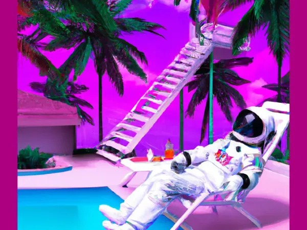 an astronaut lounging in a tropical resort in space, vaporwave